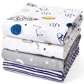 david's kids 4 Pack Baby Muslin Swaddle Blankets, 100% Cotton Swaddling Blankets Wrap for Boys Girls, Ultra Soft Breathable Receiving Blanket, New Born Essentials, Space/Stars/Wave