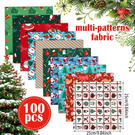 Tudomro 100 Pcs 10 x 10 Inches Christmas Fabric Xmas Snowflake Snowman Fabric Square Patchwork Fabrics Santa Claus Craft Fabric Bundles Deer Candy Quilting Fabric for Winter DIY Sewing