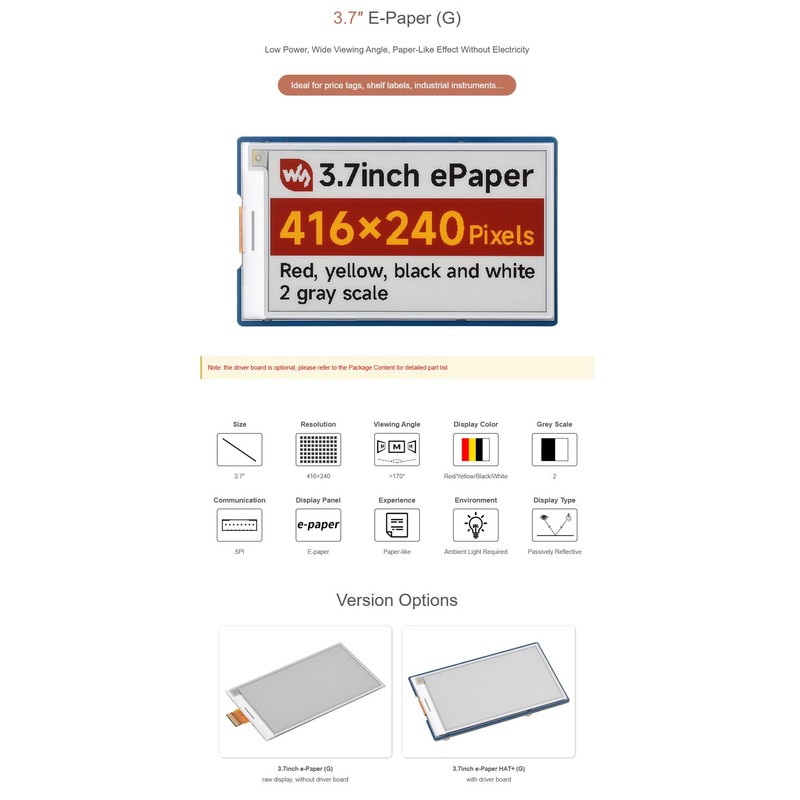 3.7 Inch E-Paper Display Module (G), E-Ink Screen 416 x