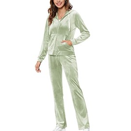 MessBebe Womens Velour Tracksuits Set Sweatsuit Hoodie Top and Jogging Pants Casual Loungewear 2 Piece Sportswear Fog Green M
