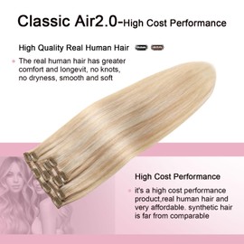 Sweetmet Air2.0 Remy Real Human Hair Extensions Clip ins 4pcs #27p60 Caramel Blonde Mixed Platinum Blonde Remy Clip in Hair Extensions Real Human Hair 16inch 50g Seamless Double Weft（#27p60-16inch）