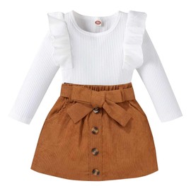 LYQTloml Toddler Girl Outfits Fall Winter Clothes Turtleneck Knitted Cotton Solid Color Ruffle Long Sleeves Pullover Tops Blouse & Button Mini Skirts Set 2PCS