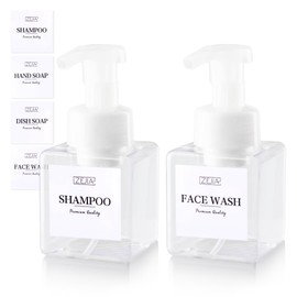 ZEJIA 250ML Foaming Soap Dispenser, 2-Pack Plastic Hand Soap Dispenser, Refillable Leakproof Foam Pump Bottle with Waterproof Labels, for Shampoo, Body Wash