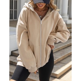 Zeagoo Women's Oversized Zip Up Hoodies Lightweight Sweatshirts Teen Girl Fall Casual Drawstring Jackets with Pockets Khaki