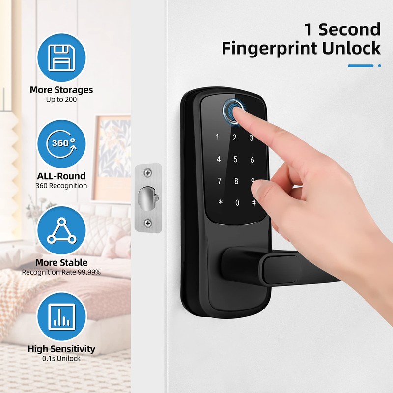 LORVIBO Smart Keyless Entry Door Lock, Fingerprint & Password, Black,