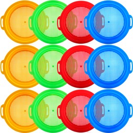 Restroma 12 Pack Kids Plastic Sand Strainer Sand Sifting Pan Sand Sifter Sieve Beach Toys for Boys Girls Outdoor Gardening Digging Finding Treasure Tools, 4 Colors