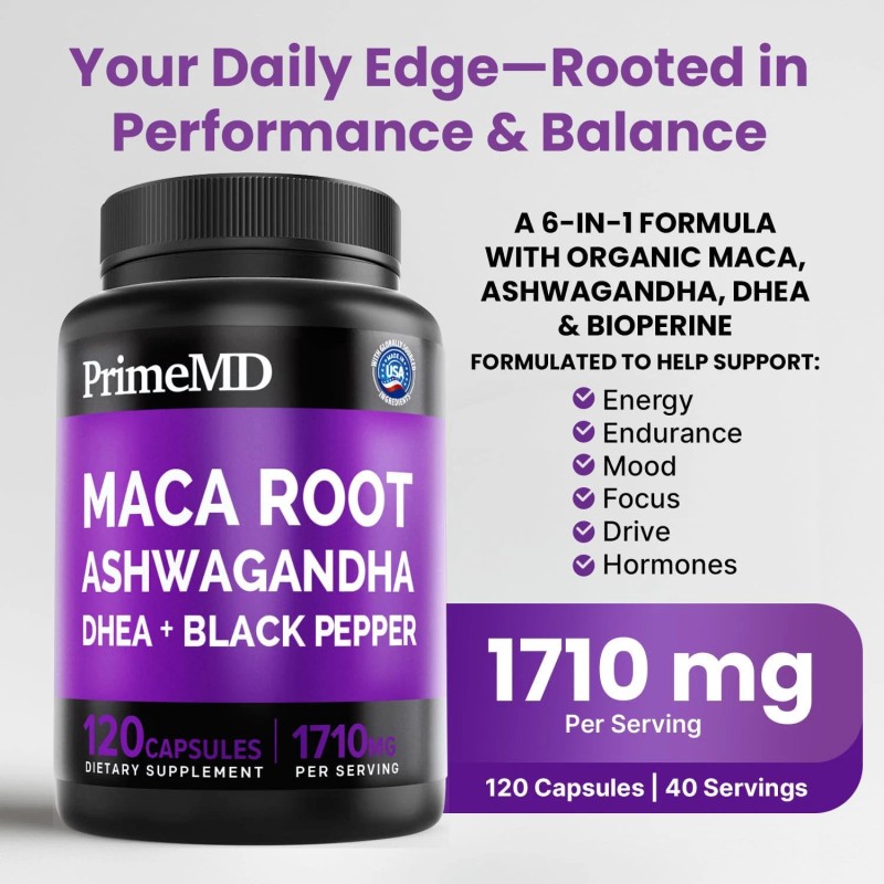 PrimeMD 6-in-1 Organic Maca Root Ashwagandha Capsules 1710mg, DHEA, 120