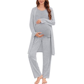 SWOMOG Maternity Nursing Robe Set 3 PCS Women Postpartum Pajamas Breastfeeding Labor Delivery Hospital Pregnancy Pjs (Grey Striped, Small)