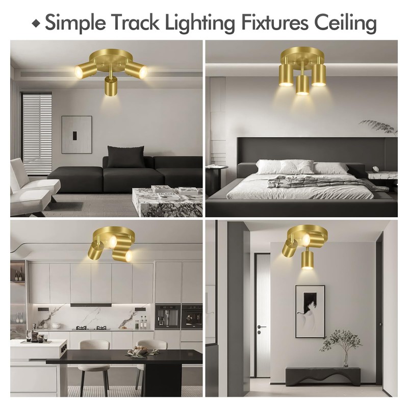 3 Light Track Lighting Fixtures Ceiling, Gold Round Directional Ceiling