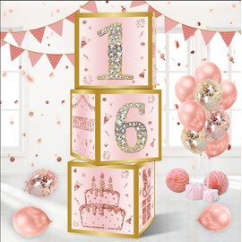 Sweet 16 Birthday Party Decorations Boxes for Girls Women - 3PCS Pink Rose Gold Happy 16th Birthday Balloons Boxes ,Sixteen Year Old Party Supplies for Girls Women