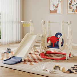 GITAWUSA 4 in 1 Toddler Slide and Swing Set, Kids Slide for Toddlers Age 1-2 Outdoor Indoor Playset with Basketball Hoop, Swing (Beige Blue)