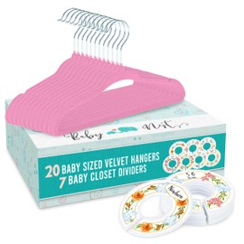 Baby Nest Designs 20x Baby Hangers for Closet with 7X Baby Closet Dividers for Nursery Velvet Baby Clothes Hangers Unisex Newborn Essentials Baby Size Organizer for Infant Clothing to 24 Months