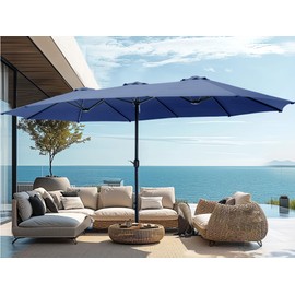 PHI VILLA 15ft Large Patio Umbrellas with Base, Outdoor Double-Sided Rectangle Market Umbrella for Pool Lawn Garden, Haze Blue