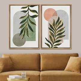 SIGNFORD Framed Canvas Print Wall Art Set Jungle Palm Leaf Geometric Polygons Abstract Shapes Illustration Modern Art Decorative Nordic Nature for Living Room, Bedroom, Office - 24"x36"x2 Natural