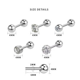 Krstudent 5 Pairs Titanium Earrings Studs, Hypoallergenic Stud Earrings for Women Girls Men