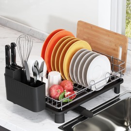 romision Dish Drying Rack for Kitchen Counter, Dish Strainers with Drainboard, Stainless Steel Dish Drainers with Unique Removable Cup Holder, Kitchen Organizers and Storage for Dishes, Bowls