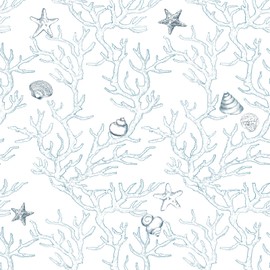 WENMER Ocean Wallpaper Peel and Stick 17.3" X 118" White and Blue Wallpaper Coral Seashell Starfish Light Blue Contact Paper Self Adhesive Removable Coastal Wallpaper for Bathroom