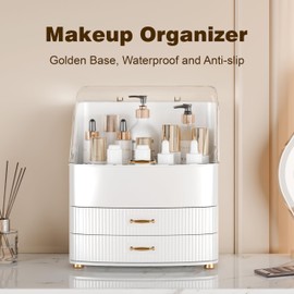 Plukers Makeup Organizer Countertop Vanity with Transparent Lid Drawers Waterproof Dustproof Cosmetic Skincare Bathroom Storage Gift for Women Teens Girls (Whtie)
