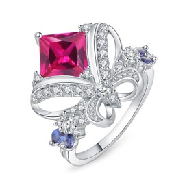 JewelryPalace Butterfly Bow Knot Princess Cut 3.1ct Created Pink Sapphire Statement Rings for Women, 14k White Gold Plated 925 Sterling Silver Cocktail Rings for Her, Gemstone Jewelry Sets size 6