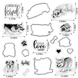 Greeting Words Dogs Background Stamps and Dies for Card Making, Pet Corgi Bulldog Words Cutting Die and Clear Stamps for Bullet Journal DIY Scrapbook Decoration Handmade Crafts Notebook