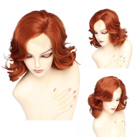 EssionTech Short Lace Copper Red Wavy Wigs for Women Layered Natural Synthetic Curly hair Wigs Side Part Wig（14inch）