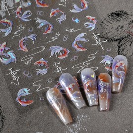 5D Embossed Fish Nail Stickers Koi Nail Art Stickers Self-Adhesive Chinese Nail Decals Chinese Style for Nail Art Bubble Nail Supplies Spring Stickers for Women Girls DIY Manicure