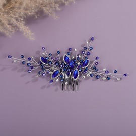 Teyglen Blue Rhinestone Pearl Wedding Hair Comb with Pearl Headpiece Bridal Side Comb Headband Crystal Hair Piece Hair Accessories for Women Bridesmiad Party Prom (Blue)