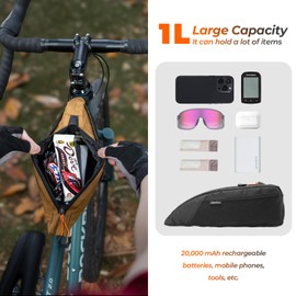 QUNATURE Bike Top Tube Bag Bicycle Front Frame Bag 1L with Screw Fix & Strap Fix, MTB Road Bike Accessories Pouch，Black