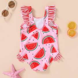 Tiny Cutey Toddler Girl Swimsuit Ruffled Stripe Sleeveless Swimwear One-Piece Baby Girl Bathing Suits (Pink-Watermelon, 2-3t)