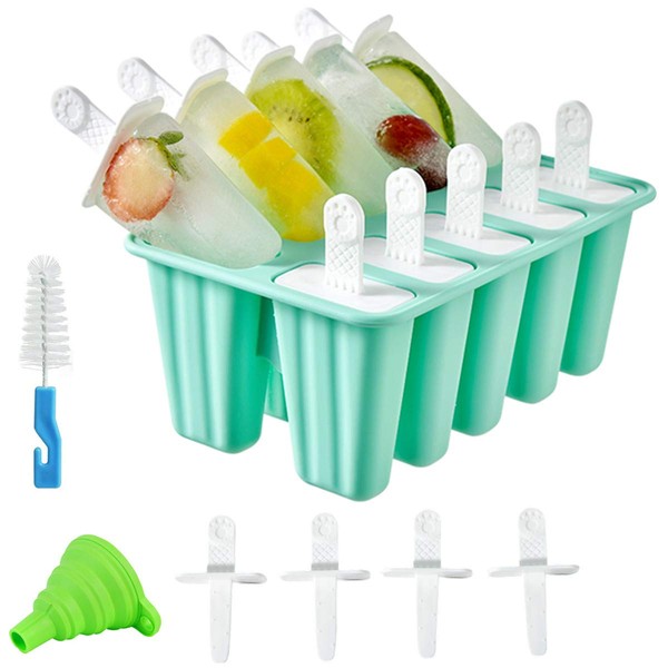 Helistar Popsicle Molds 10 Pieces DIY Reusable Silicone Ice Pop Molds Easy Release Ice Pop Maker with 14 Reusable Popsicle Sticks Silicone Funnel and Cleaning Brush, Green
