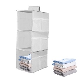 Hanging Wardrobe Storage Organiser, 3 Shelves Hanging Storage Foldable Wardrobe Closet Organiser with 9 Side Pockets, Washable hanging Closet storage Shelves for Clothes Bag Shoes, Grey(60x30x22cm)
