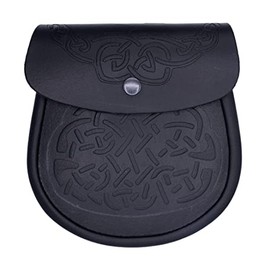 Men's Scottish Kilt Black Leather Sporran with Chain & Belt Celtic Design Double Embossed