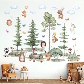 ANHUIB Large Pine Tree Wall Stickers Forest Animal Bear Fox Peel and Stick Wall Art Decals Woodland Animals Wall Stickers for Kids Room Baby Bedroom Nursery Animal Wall Decals Boys Girls Room Decor