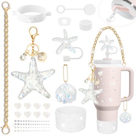 OhPinkShark White Ocean Theme 10PCS Accessories for Tumbler 30 oz 40 oz Cup, Including Straw Cover Topper, Protective Boot, Leak Stopper, Water Bottle Handle, Charms, Sticker
