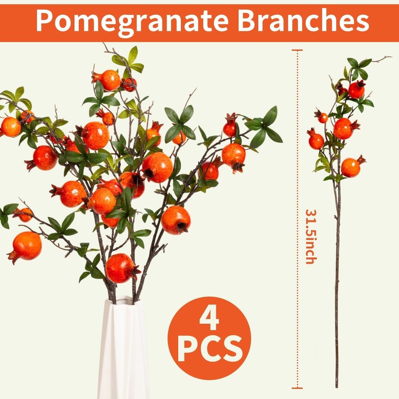 Artificial Pomegranate Branches,4Pcs Faux Fruit Stems for Home Decor,31.5IN