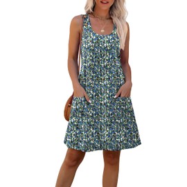 WEESO Floral Dresses for Women Summer Dresses Mini Sundresses Tank Flowy Casual Cottagecore Dress with Pockets Cruise Outifts Travel Clothes 2025 Blue M