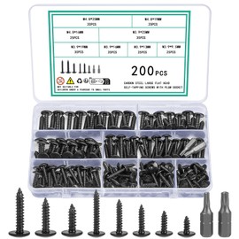 200 Pcs M4.8 M3.9 Self Tapping Screws for Wood Screws Assortment, Torx Screws Flat Head Pan Head Self Drilling Screws, Wafer Head Screws, Black Truss Head Screws for Repairing, with 2 Bits (black 200)