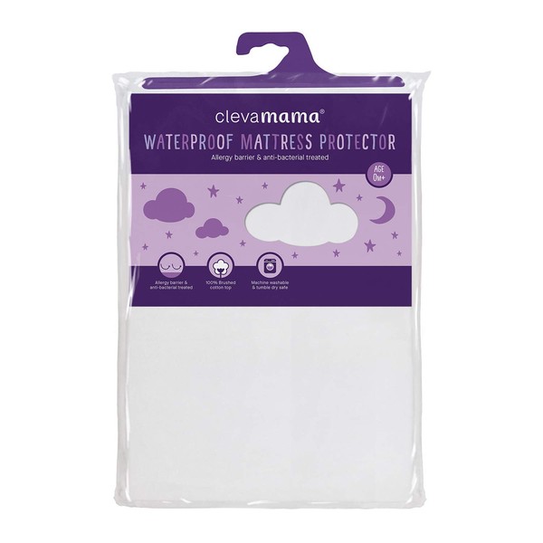 ClevaMama Waterproof Mattress Protector, Cotton Fitted Sheet for Baby Cot Bed - White - 60x120x15 cm