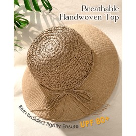 FURTALK Beach Hats for Women Summer Straw Sun Hat Wide Brim Crochet Hats Khaki