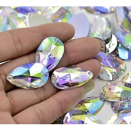 28mm Teardrop sew on 10 50 100 Sparkly Mix Flat Back Rhinestone Teardrop Large AB Bead Diamante Gem Crystal Teardrop Pear Rhinestones 18mm Big AB Iridescent Sewing 2 Holes sew Large Big (50 Pack)
