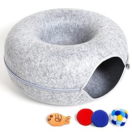 Cat Tunnel Bed for Indoor Cats with 4 Toys, Scratch Resistant Detachable, and Washable Large Donut Cat Bed, for Cats up to 9 Lbs (M(20x20x9), Light Grey)