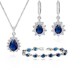Crystalline Azuria Women 18ct White Gold Plated Teardrops Blue Simulated Sapphire Zirconia Crystals Set Pendant Necklace 17.7 inches Earrings Bracelet