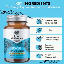 Love Mushrooms – Lion’s Mane Plus Vitamin D3 & Zinc Capsules | Cognitive Support, Immunity Boost, Energy & Vitality | 30 Capsules, Vegan, Made in UK