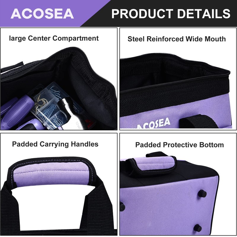 ACOSEA Purple Tool Bag,13 Inch Wide Mouth Open Tool Organizer