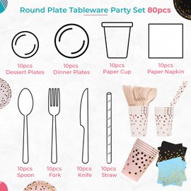 Trimming Shop 80pcs Disposable Party Tableware Set Rose Gold Polka Dot Disposal Dinnerware Set Party Plates Napkins Cups Straws Forks Spoons for Baby Shower Birthday Party Confetti Rose Gold Dot White