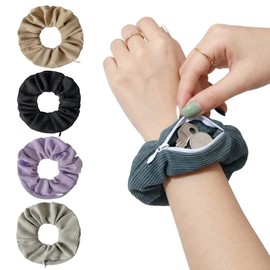 WENJESO Women's Hair Elastic Scrunchies, Set of 4, Border Knit, Zipper, Storage Function, Keys, Coin Purse, Ponytail, Stylish, Hair Accessories - 1#