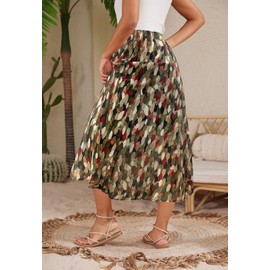 HERBATOMIA Women’s Floral Print Midi Skirt Flowy Boho High Elastic Waist Ditsy Green Summer Swing Beach Long Skirts for Women