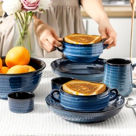 Hasense French Onion Soup Bowls with Handles, 24 Ounces Ceramic Serving Soup Bowls for Chili, Stew, Pot Pies, Stackable Bowl Set for Kitchen, Microwave Dishwasher Safe, Set of 6, Blue
