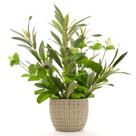Ainuowei 12.8'' Artificial Olive Branches with Grenn Eucalyptus Faux Plant with Lifelike Olives in Gray Luxury Woven Stripe Cement Planter Fake Plant for Home Office Decor Indoor Outdoor