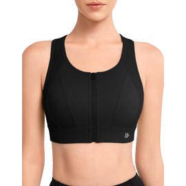 Yvette Women's Sports Bra with Front Fastening Ringer Back Strong Hold Fitness Bra, black, M